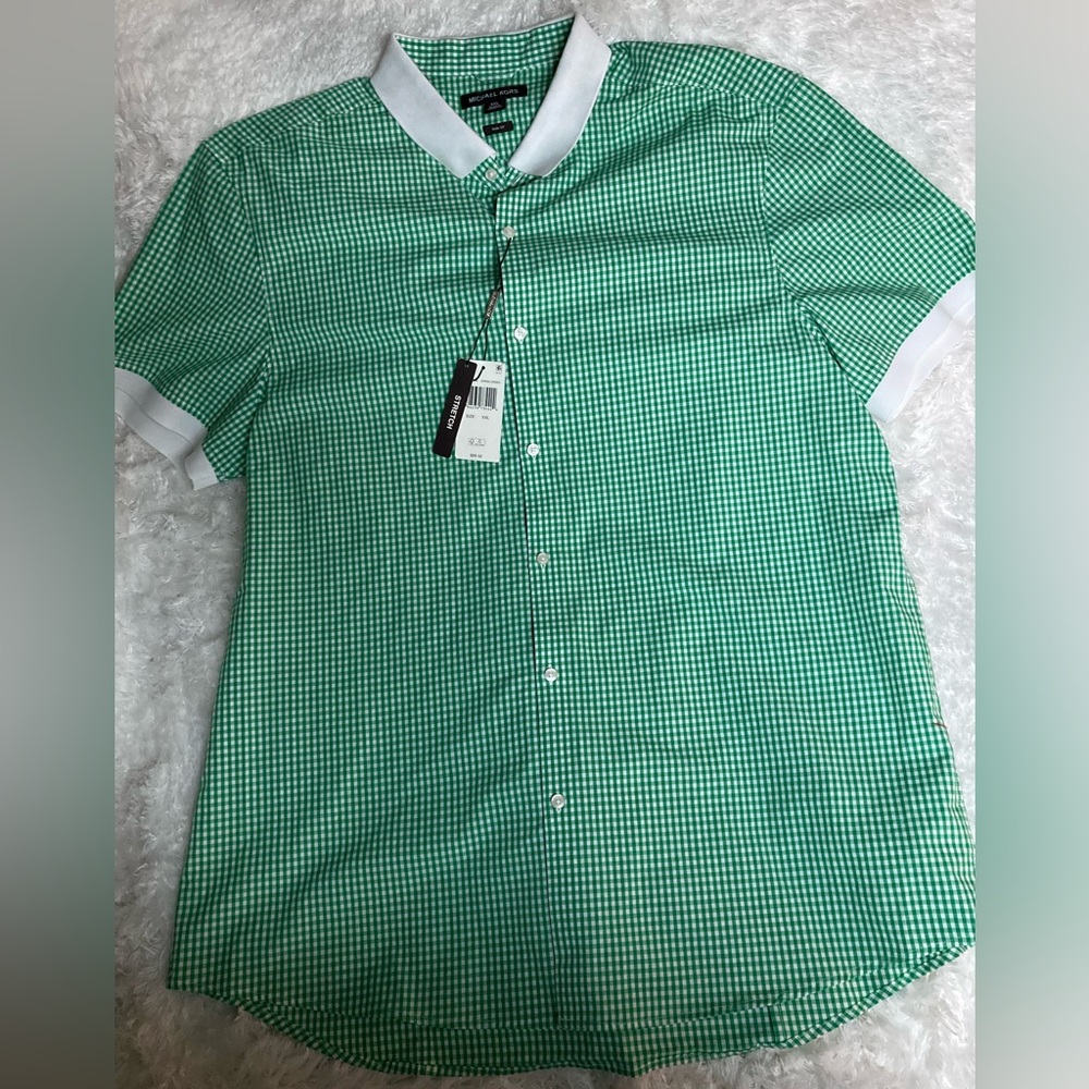 Michael Kors Green/White Stretch Slim Fit Short Sleeve Casual Mens Shirt sz XXL